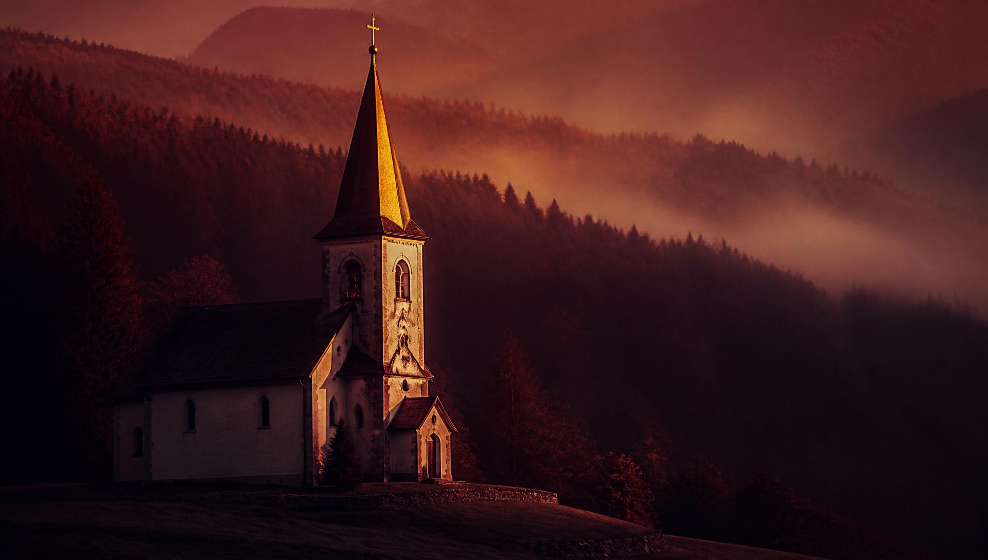 Country chapel with a steeple at twilight in the Tennessee hills