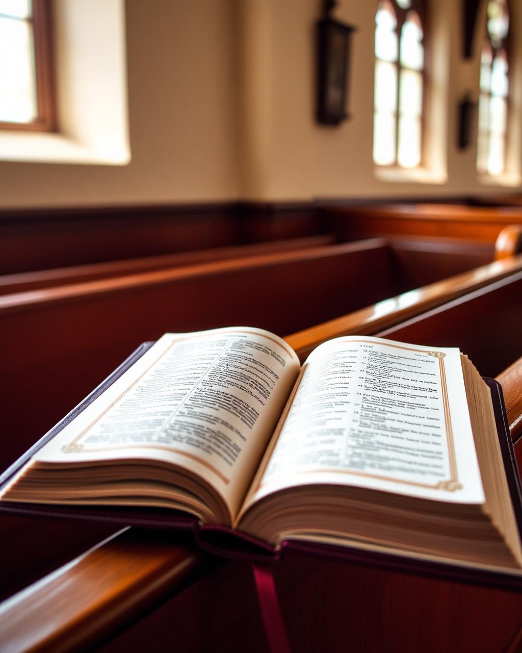 Open psalter resting on a wooden church pew