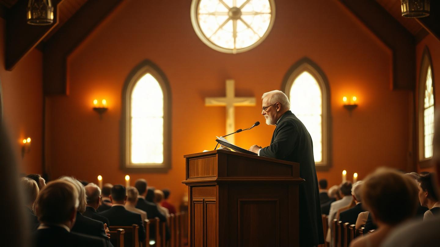 Pastor preaching from a wooden pulpit in a warmly lit sanctuary